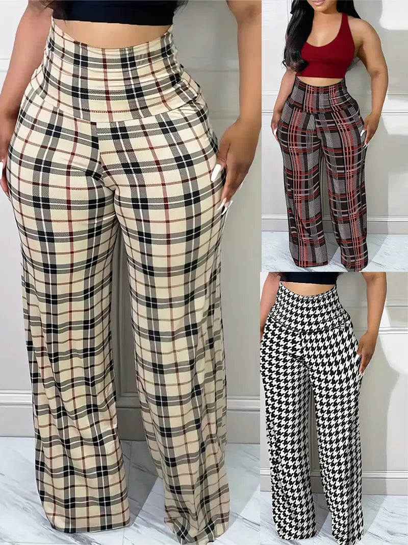 Calça larga xadrez feminina cintura alta casual